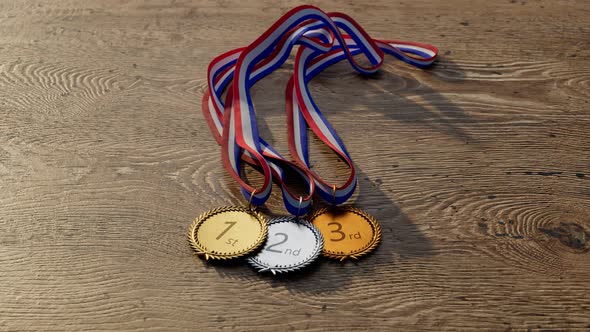 Awards for top three winners. Silver, gold, bronze sports medals for champions. alt