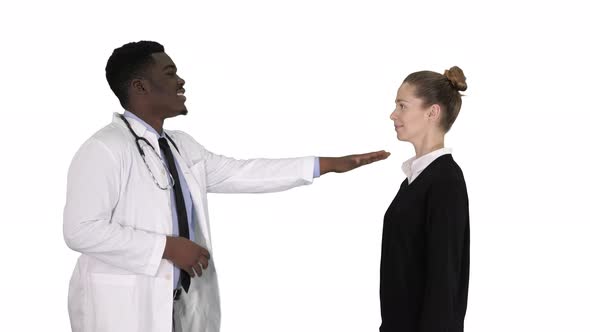 Doctor Telling Good News and Patient Leaves on White Background alt