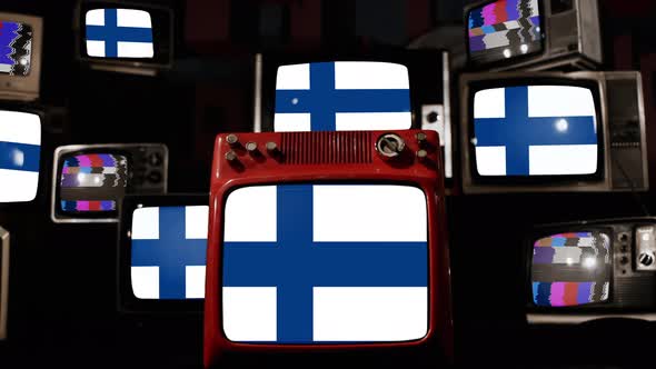 Flag of Finland on Retro TVs. 4K.