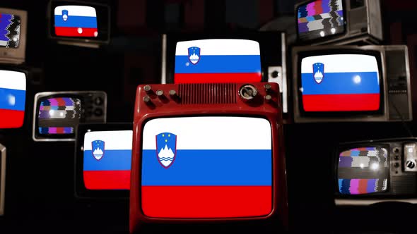 Flag of the Republic of Slovenia and Retro TVs. 4K.