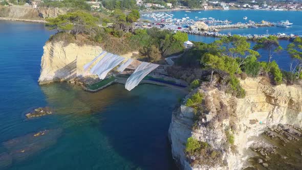 Aerial drone view video of famous islet of Cameo in Agios Sostis area of Laganas, Zakynthos island, alt