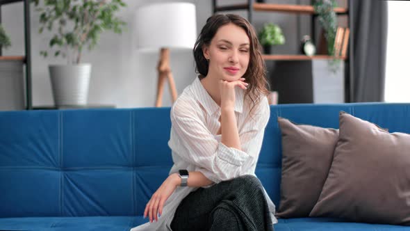 Beautiful Young Casual Woman Smiling Relaxing Comfortable Couch with Positive Emotion Home Interior alt