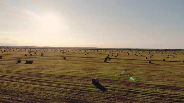 Aerial Shot Beautiful Sunset and Hay Bales on the Field After Harvest