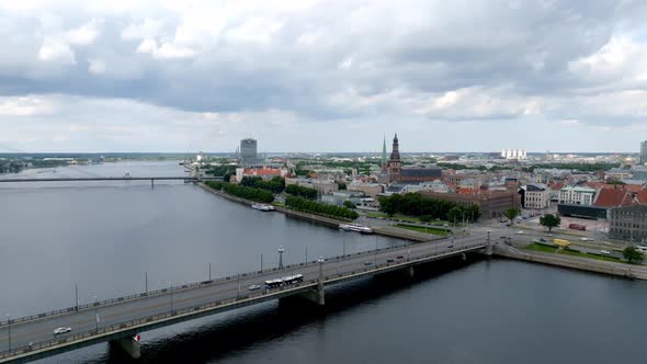 Establishing Aerial Bird Eye View Shot of Riga Riga Skyline Latvia alt