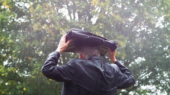 Businessman Sheltering Underneath his Bag in the Rain