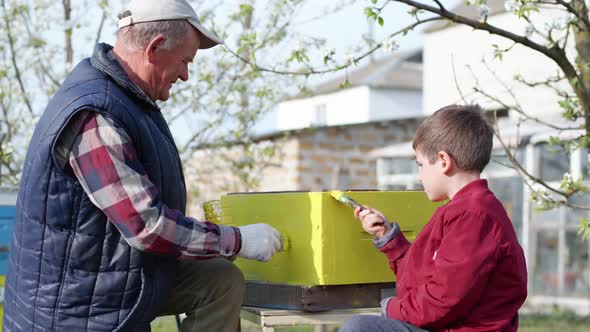 Beekeeper Family an Old Man and a Male Child Work in an Apiary, Prepare Beehives for the Summer alt
