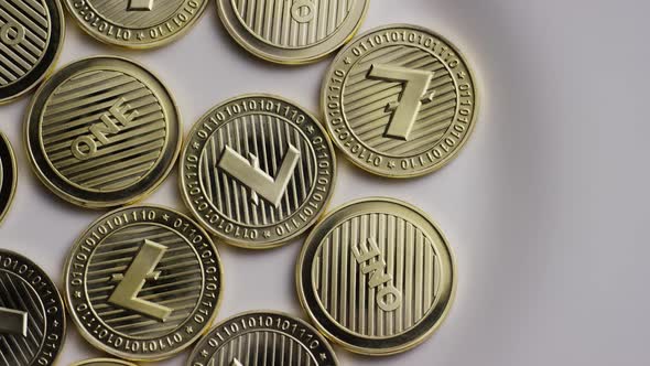Rotating shot of Litecoin Bitcoins alt