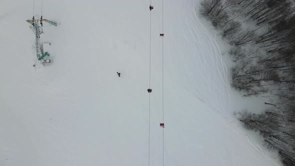Top View of the Lift Moving on the Cable Car in the Ski Resort