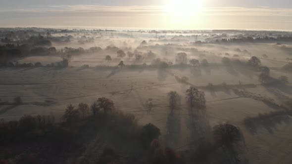 Misty Winter Morning Landscape Aerial Balsall Common West Midlands UK D Log