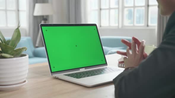Asian Businessman Wearing Business Suit Talking On Green Screen Computer While Working At Home alt