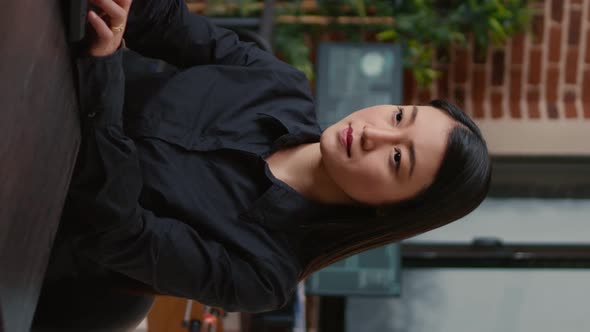 Vertical Video Smiling Software Developer Typing Machine Learning App Code on Computer Keyboard alt