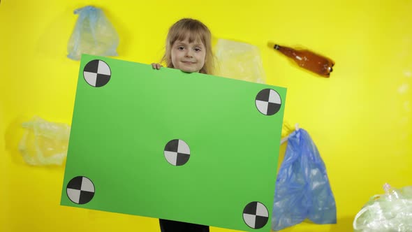 Girl Activist Holding Chroma Key Poster with Tracking Points. Environment Trash Plastic Pollution alt