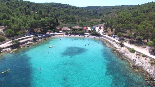 Flying over a breathtaking sandy beach on the island of Brac, Croatia alt