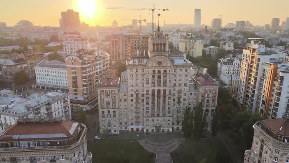 Ukraine, Kyiv : City Center in the Morning at Sunrise. Aerial View. Kiev. alt