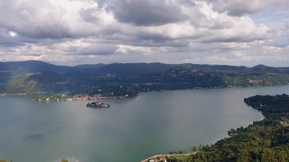 Panorama from Madonna del Sasso of San Giulio island and Orta lake, Italy alt