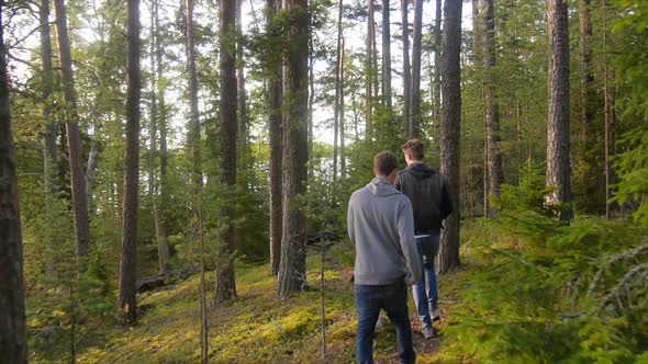 Young men hiking through a forest near a lake. alt