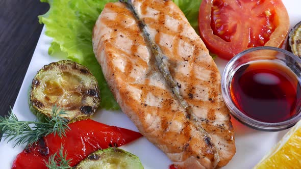 Grilled Salmon Fish Steak Served with Vegetables Seafood Concept alt