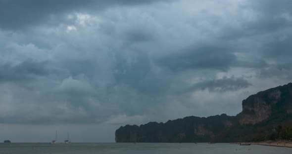Time Lapse of Rain Clouds Over Beach and Sea Landscape with Boats, Tropical Storm in Ocean alt