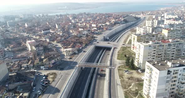 Aerial view of street traffic of the city. Urban Landscape. The new boulevard in Varna, Bulgaria alt
