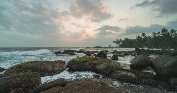 Timelapse View of Palm Trees and Indian Ocean Coastline During Sunrise. Island Sri Lanka