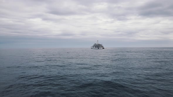 Private luxury yacht and small jet boat, aerial view.Private huge super yacht. South coast of Italy. alt