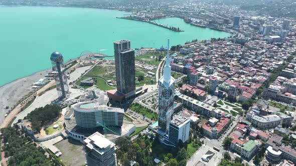 Aerial shot of modern buildings in downtown of Batumi. Cityscape of Batumi city, Georgia 2022 alt