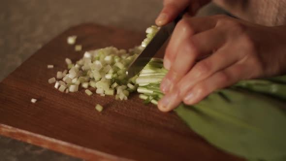 Hands cutting green lettuce leaves wild garlic on wooden сhopping board, cooking vegan healthy food