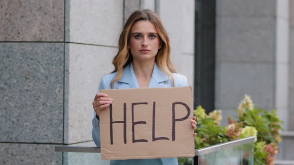 Portrait Sad Fired Poor Caucasian Millennial Business Woman Standing in City Looking at Camera alt