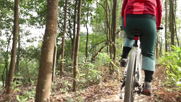 Mountain biker cycling on forest trail, slow motion alt