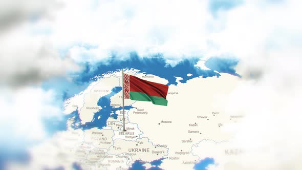 Belarus Map And Flag With Clouds