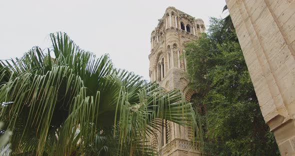 Palermo, Italy - 27 07 2021: green palm trees Santa Maria dell'Ammiraglio alt