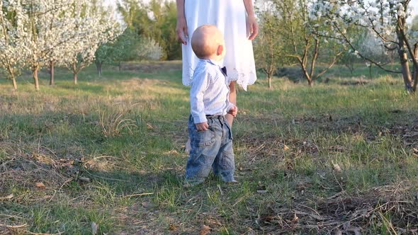 the Baby Takes His First Steps on the Grass the Mother Walks with Her Son in Nature the Baby Takes