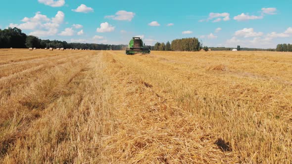 Modern Combine Harvester Working on the Field. Low Angle Shot alt
