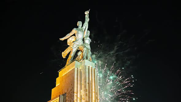 fireworks and soviet monument Rabochiy i Kolkhoznitsa, Moscow, Russia.Made of in 1937