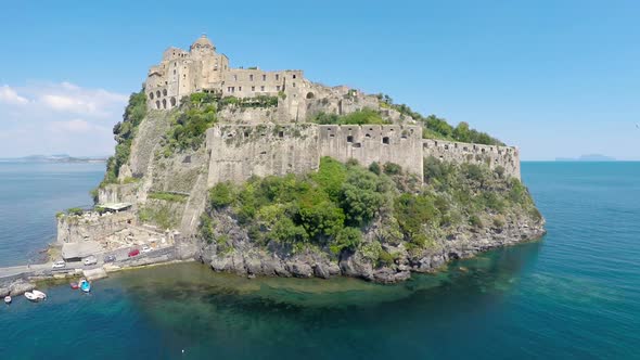 Fantastic Aerial View of Italian Medieval Aragonese Castle in Gulf of Naples alt