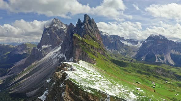 First snow on Seceda in South Tyrol, Dolomites, aerial view alt