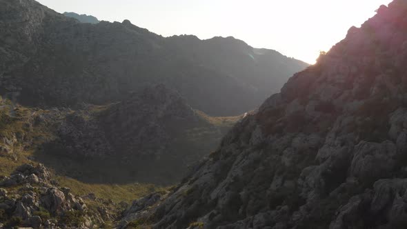 Aerial view of Road to Sa Calobra Beach betwen Tramuntana Mountain in Mallorca, Spain alt