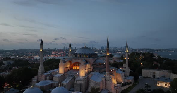 Establishing Orbiting Aerial Drone Shot of a Hagia Sophia Holy Grand Mosque with Bosphorus Bridge alt