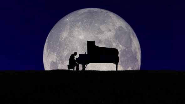 Silhouette Of A Man Playing Piano With The Huge Moon 