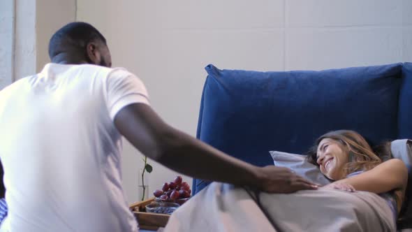Close Up Awaked Woman Bringing Tray with Breakfast alt
