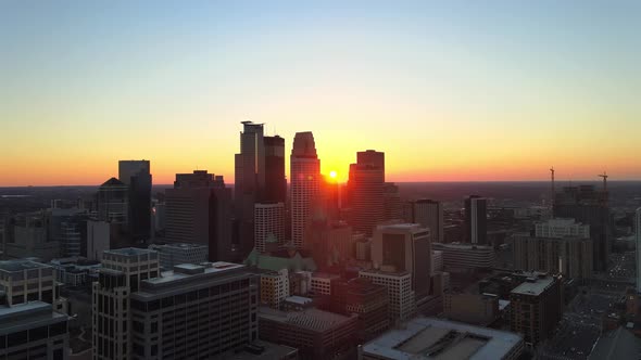 sunset over minneapolis downtown aerial view alt