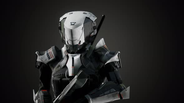 Futuristic Soldier in Steel Armor with the Cyber Punk Gun
