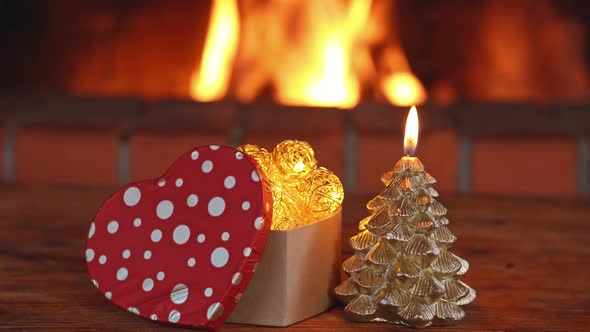 Christmas Tree Decorations Near Fireplace. Winter Holiday Xmas And New Year