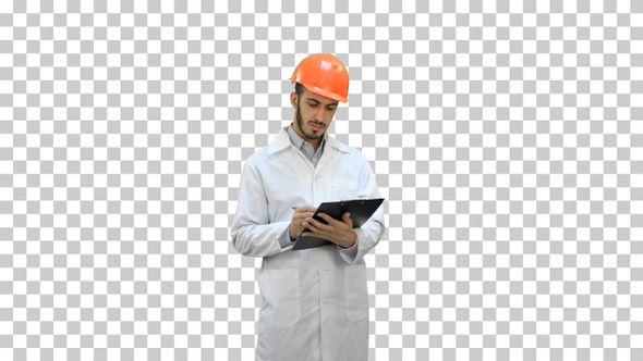 Engineer in white coat preparing report, Alpha Channel