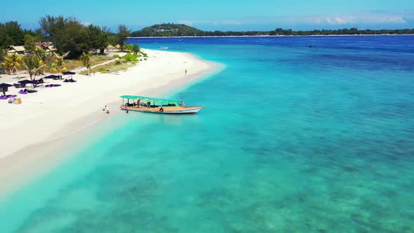 Aerial drone tourism of perfect bay beach voyage by blue green ocean and white sandy background of a alt