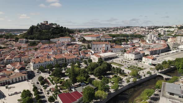 Aerial view Leiria Downtown cityscape with Castle on hilltop, Portugal