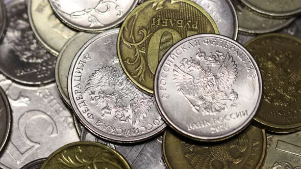 A set of Russian coins close-up are rotating. View from above