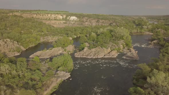 Aerial Rocky Landscape on Southern Bug River with Rapids. Ukraine