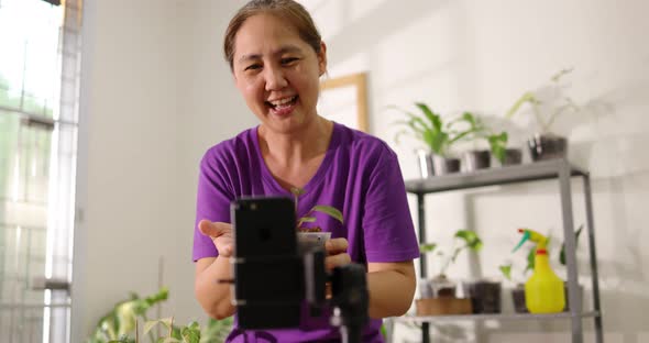Asian woman showing her small indoor plant and live stream video via smartphone for sell her plants. alt