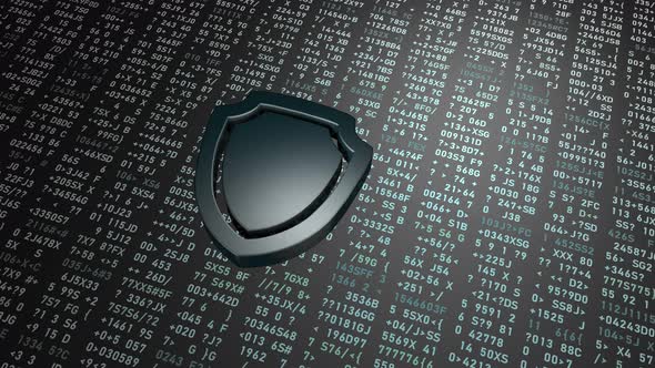 Shield icon on the background of numbers and symbols. alt